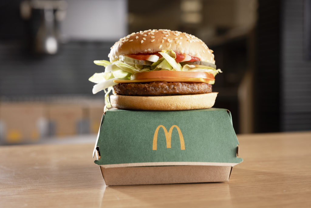 A freshly prepared McDonald's McPlant burger.